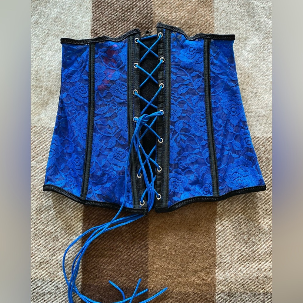 Blue Lace Corset with Black Trim, Sz S